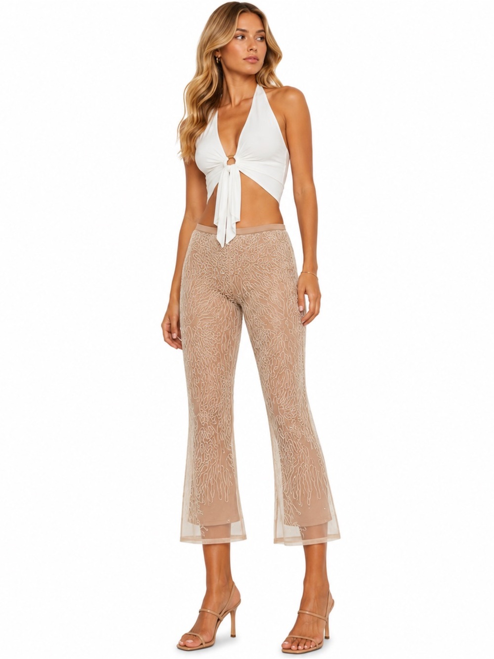 BCBG Max Azria Nude Embellished Mesh Cropped Pants Y2K